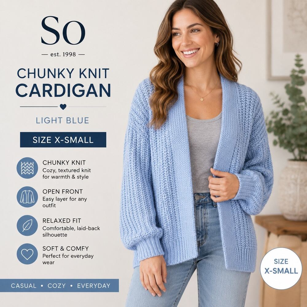 SO Womens Cardigan Sweater XS Light Blue Chunky Knit Open Front Long Sleeve
